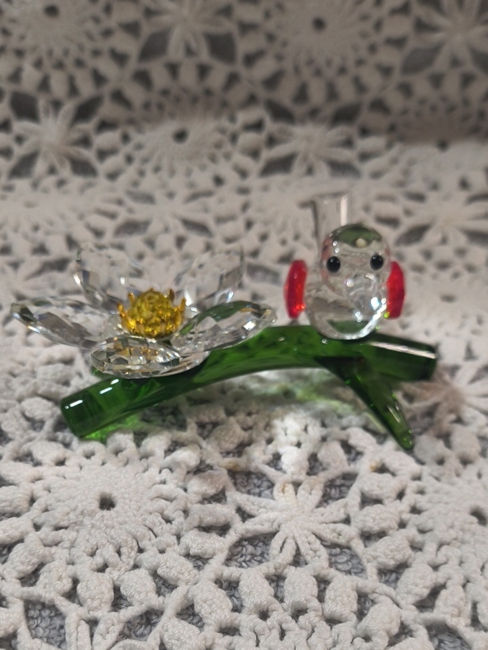 Crystal Waterlily and Bird Decorative Accent in Clear, Yellow, Green and Red